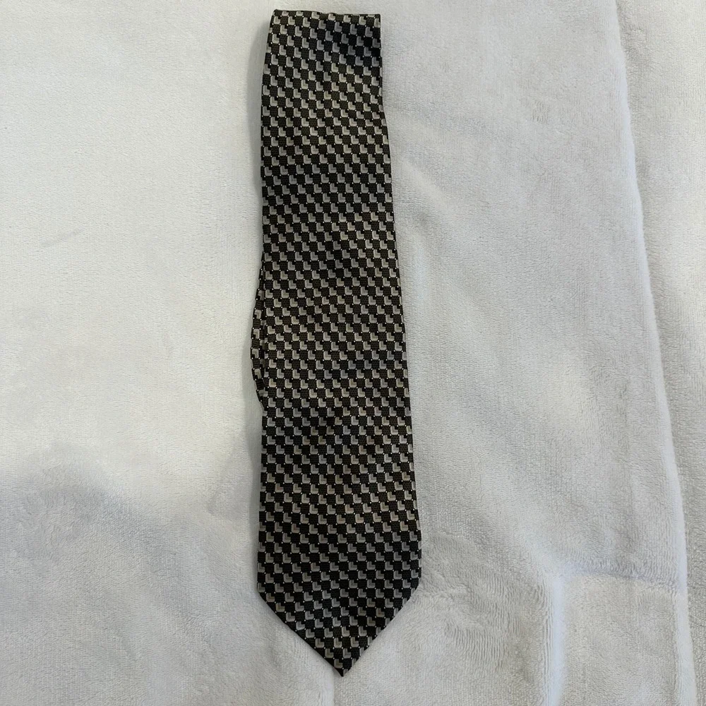 Bergamo New York Silk‎ Necktie Mens Checkered Geometric Pattern Black Beige